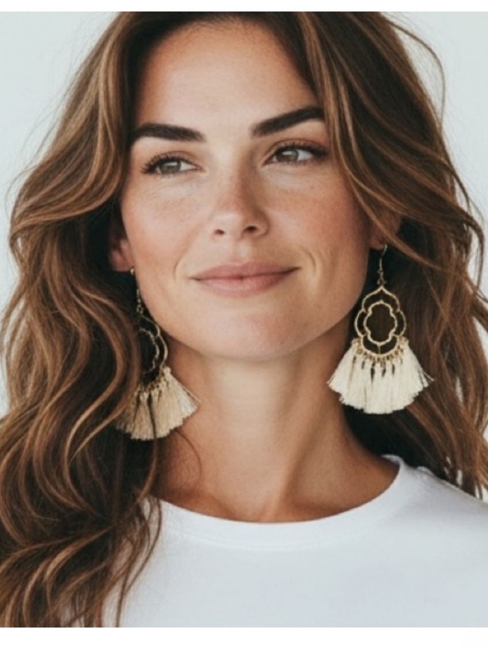 Elegant Gold and Cream Tassel Drop Earrings - Women Jewelry